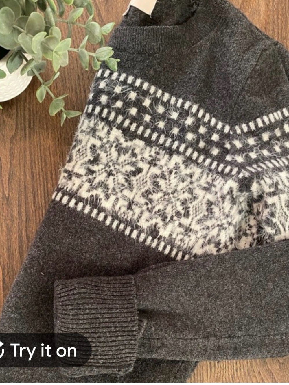 LOFT Charcoal Gray Crewneck Sweater with Cream Fair Isle Yoke